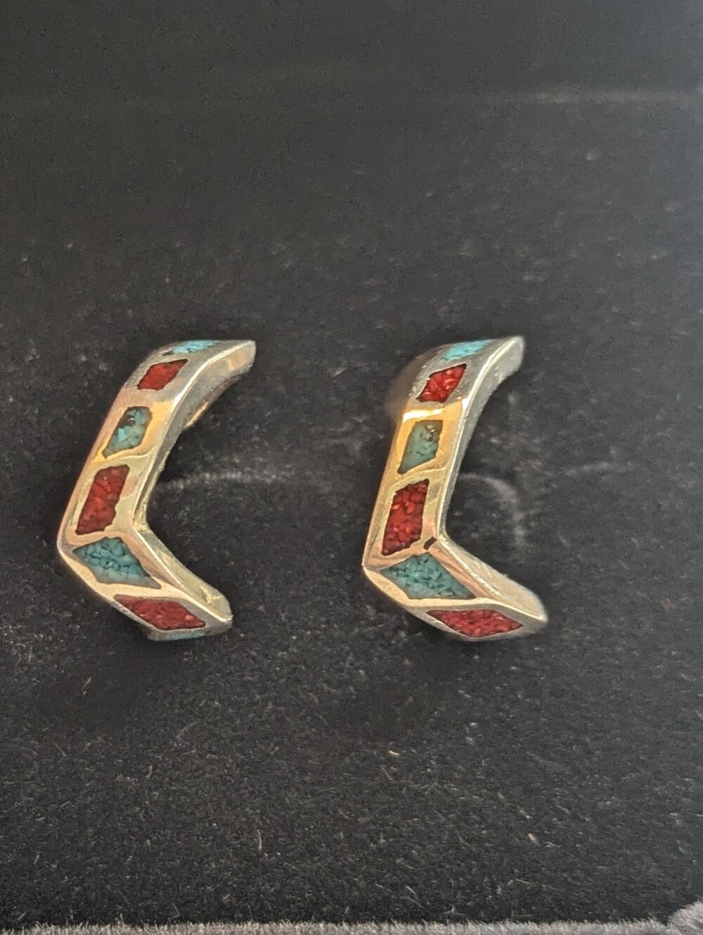 Vintage STER USA Turquoise Coral Inlay Sterling Silver Hoop Earrings SW